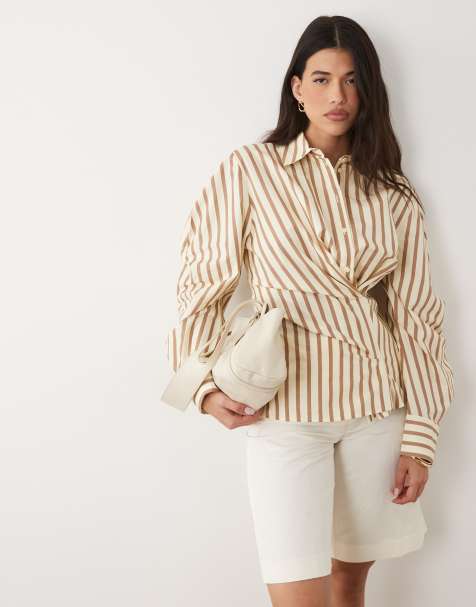 ASOS DESIGN skjorta med markerad midja, omlott och cocoon-ärmar i gulrandigt - view 1
