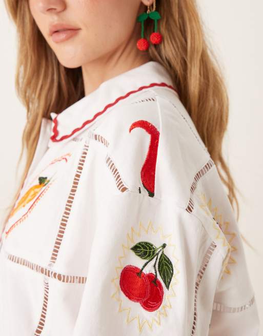 ASOS DESIGN – Skjorta med sicksackband och somrigt broderi, del av set, 2 av 4