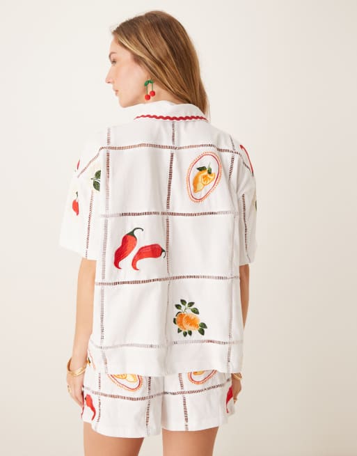 ASOS DESIGN – Skjorta med sicksackband och somrigt broderi, del av set, 3 av 4