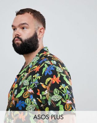 ASOS DESIGN – Skjorta med tiger- och blommönster i regular fit och plusstorlek-Svart
