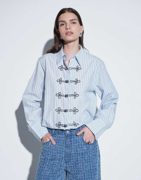 ASOS DESIGN skjorta med utsmyckade detaljer i blå rand - view 1