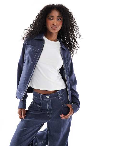 ASOS DESIGN - Skjorte med gennemgående lynlås i denimlook - Del af sæt - view 1