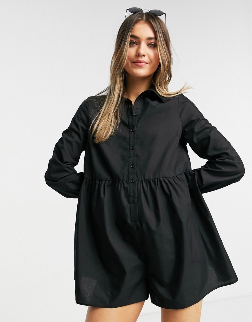 ASOS DESIGN - Skjorte-playsuit med smock-snit i sort