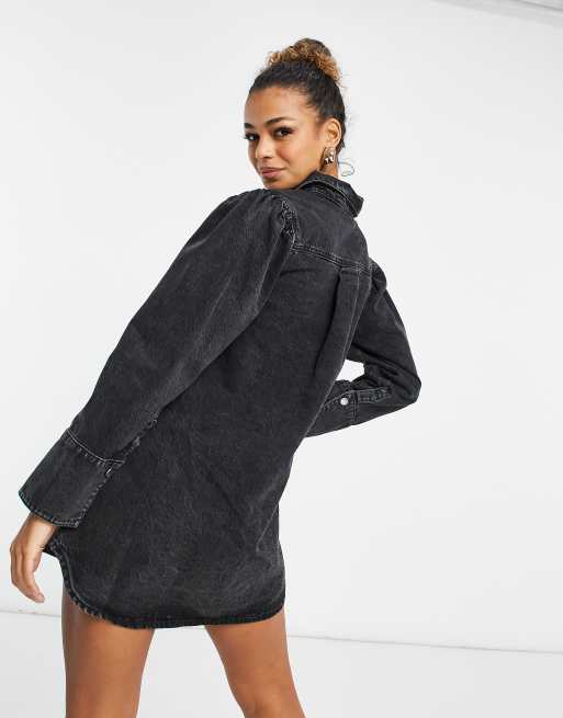 ASOS DESIGN - Skjortekjole i denim med pufærmer i vasket sort, 2 af 4