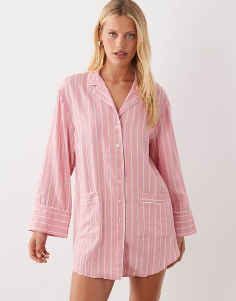ASOS DESIGN skjortklänning i minilängd med breda manschetter och kontrasterande kantband i rosa rand - view 1