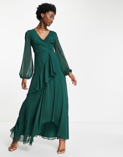 ASOS DESIGN – Skogsgrön maxiklänning med omlottmidja och kjol i dubbla lager