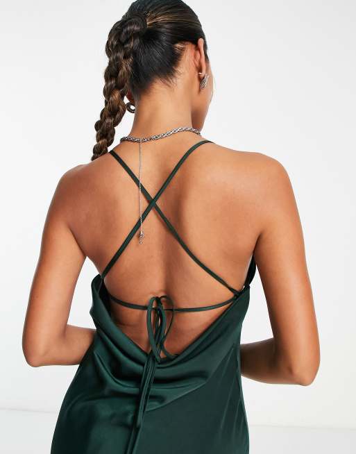 ASOS DESIGN – Skogsgrön midi-slipklänning i satin med liv i sammet, 4 av 4