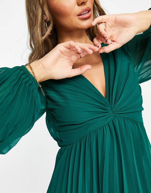 ASOS DESIGN – Skogsgrön midiklänning med plisserat liv och djup urringning, 3 av 4