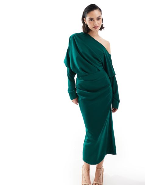 ASOS DESIGN – Skogsgrön, slouchy midiklänning med en bar axel - view 1