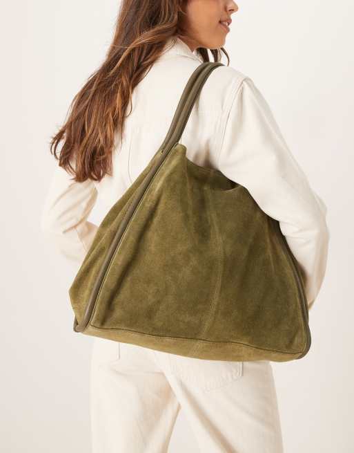ASOS DESIGN – Skogsgrön toteväska i mocka med tubformade kanter, 4 av 4