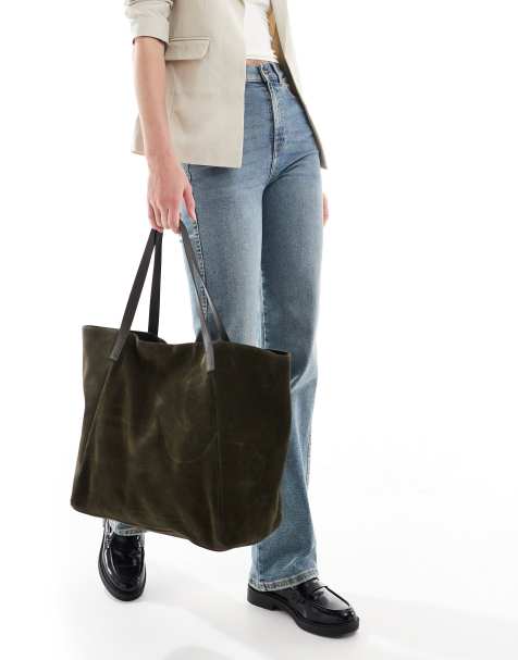 ASOS DESIGN – Skogsgrön toteväska i mocka med vingdesign och läderremmar - view 1
