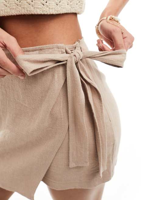 ASOS DESIGN - Skort met overslag en linnen-look in stone, 4 van 5