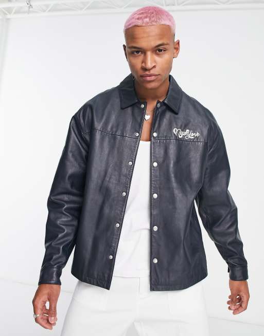 ASOS DESIGN – Skórzana granatowa kurtka harrington oversize z nadrukiem