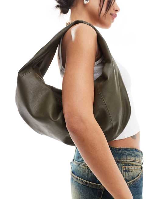 ASOS DESIGN – Skórzana zaokrąglona torba skórzana typu tote w kolorze khaki