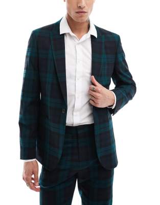 ASOS DESIGN - Skotskternet skinny-habitjakke i mørkegrøn - view 1