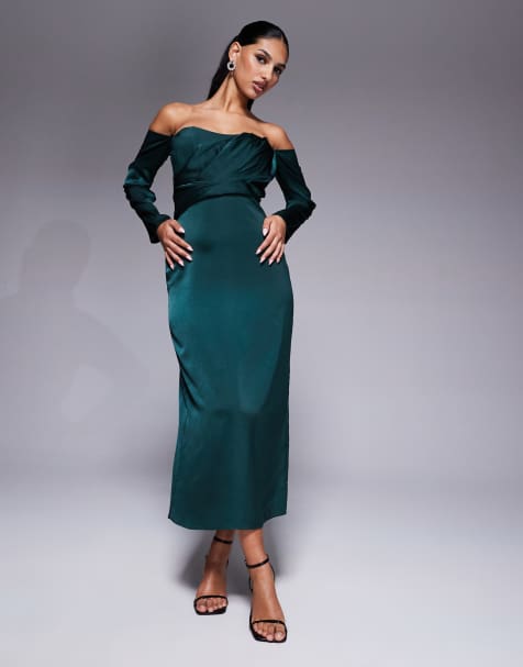 ASOS DESIGN - Skovgrøn bardot-midikjole med hjerteformet hals og lange ærmer i satin - view 1