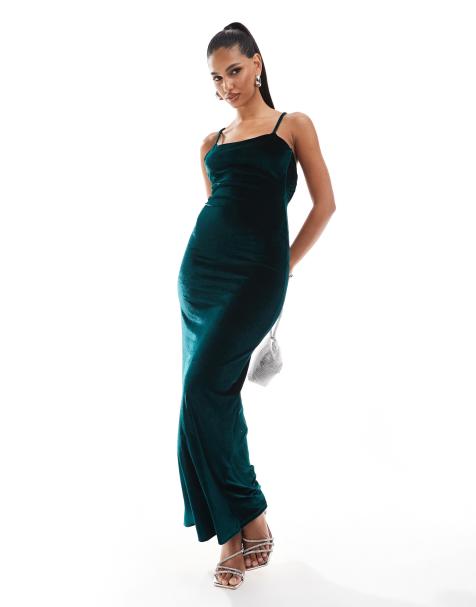 ASOS DESIGN - Skovgrøn cami-maxikjole med firkantet hals og snøredetalje på ryggen i velour - view 1