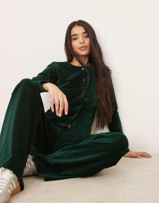 ASOS DESIGN - Skovgrøn krympet cardigan i velour - Del af sæt, 2 af 4