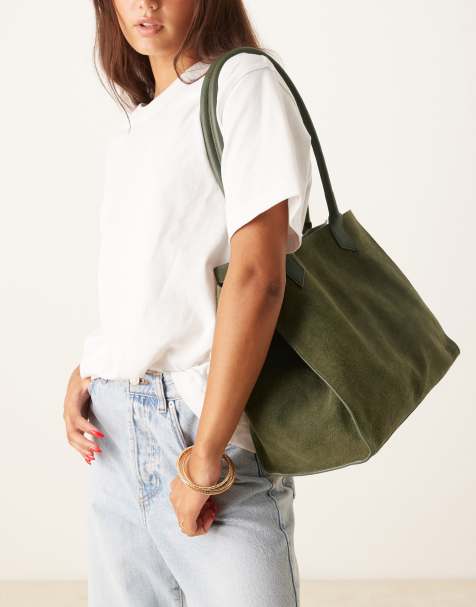 ASOS DESIGN - Skovgrøn tote-taske med rørformet hank og vingedesign i ruskind - view 1