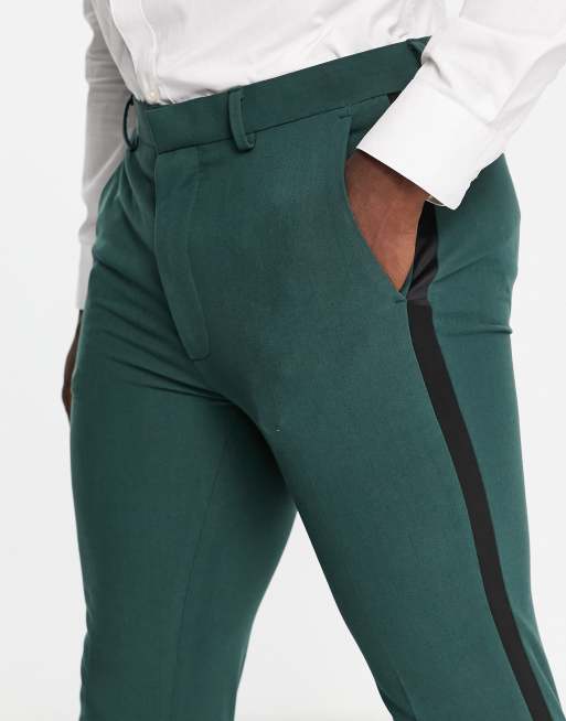 ASOS DESIGN - Skovgrønne supersmalle smokingbukser med sidestribe i satin, 3 af 4