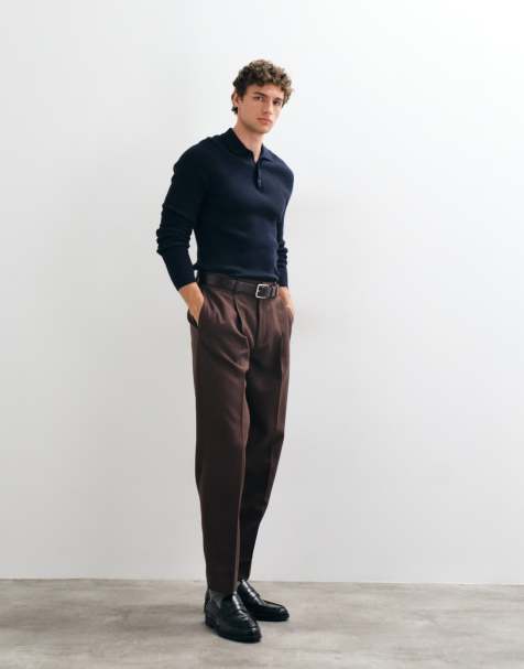 ASOS DESIGN skräddade plisserade oversized avsmalnande byxor i mörkbrun mikrostruktur - view 1