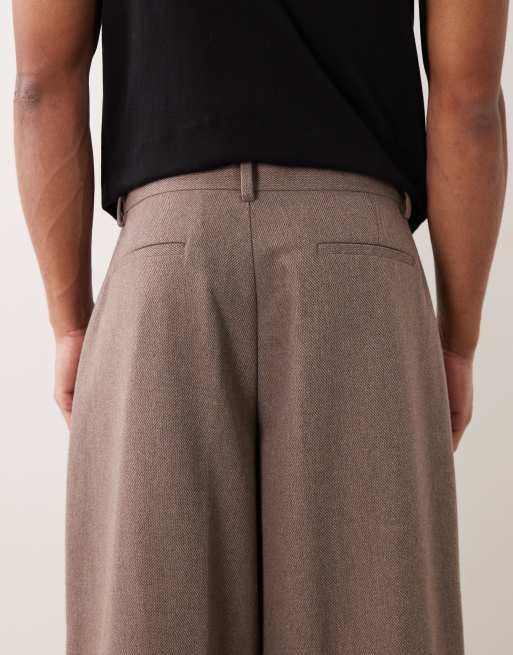 ASOS DESIGN skräddade vida barrelbyxor med ull i ljusbrun fiskbensmönstrad, 5 av 5