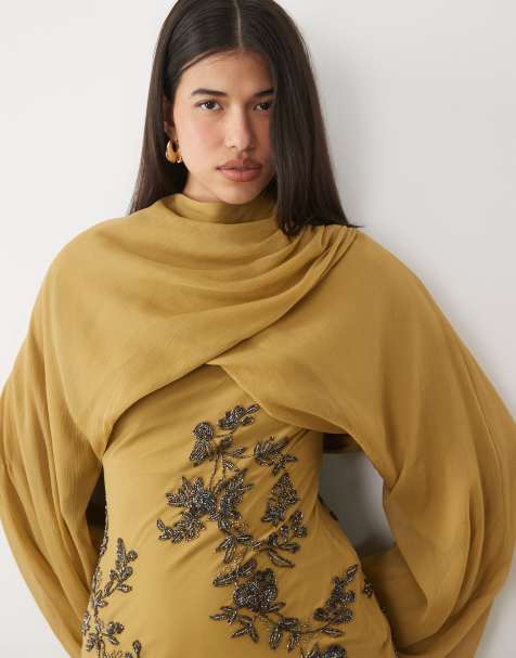 ASOS DESIGN skråskåret udsmykket maxikjole med lange blouson-ærmer i olivengrøn - view 1
