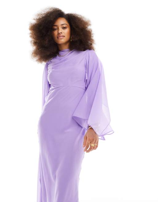 ASOS DESIGN - Skråtskåret maxikjole med kappeoverlag og korte ærmer i lyslilla chiffon, 2 af 4