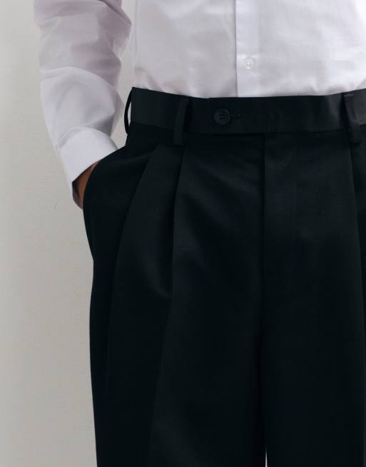 ASOS DESIGN skræddersyede bukser med dobbelte læg og brede ben i sort med satinlinning, 3 af 5