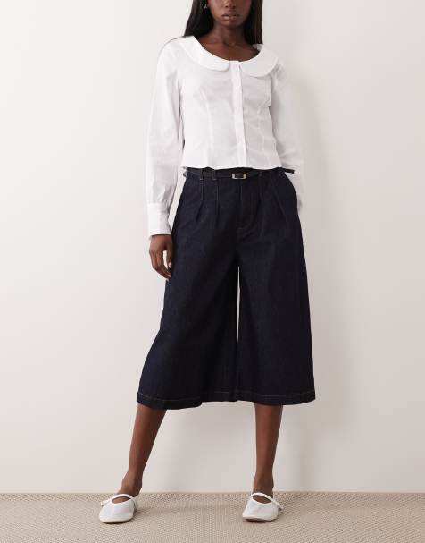 ASOS DESIGN - Skræddersyede culotte-bukser i denim med skyllevask og bæltedetalje - view 1