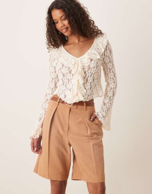 ASOS DESIGN - Skræddersyede, lange og mokkafarvede byshorts i hørblanding, 2 af 5