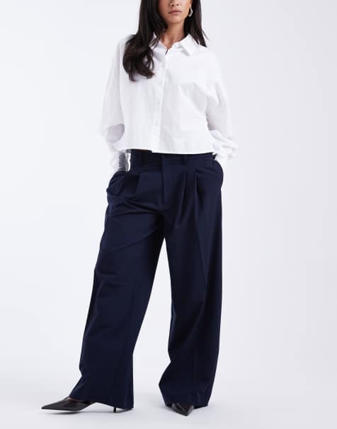 ASOS DESIGN - Skræddersyede og lavtaljede marineblå bukser med brede ben og asymmetrisk taljebånd - view 1