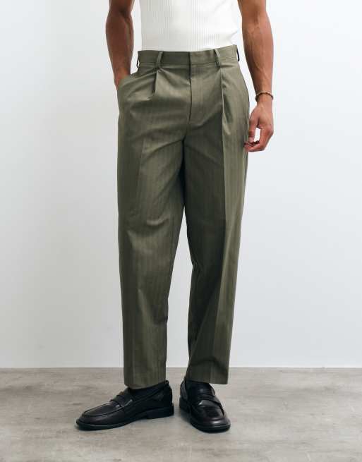 ASOS DESIGN skræddersyede oversized tapered bukser i khaki herringbone med bomuldsindhold, 3 af 5