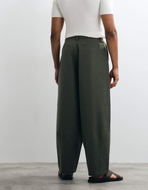 ASOS DESIGN skræddersyede plisserede bukser med brede barrel-ben i olivengrøn, 5 af 5