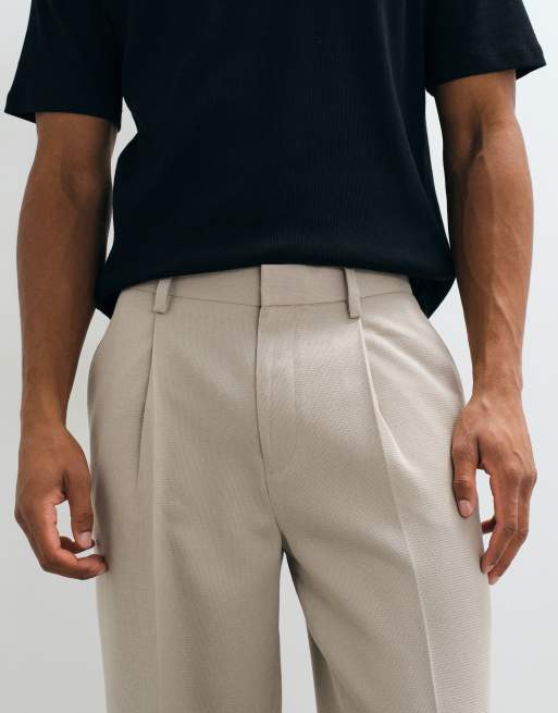 ASOS DESIGN skræddersyede plisserede oversized tapered bukser i beige mikrostruktur, 4 af 5