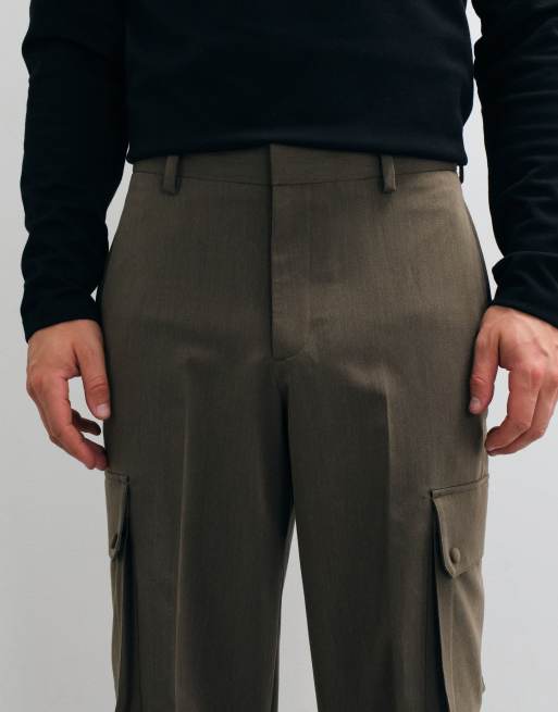 ASOS DESIGN skræddersyede stretch-cargobukser med brede ben i khakimeleret, 2 af 5