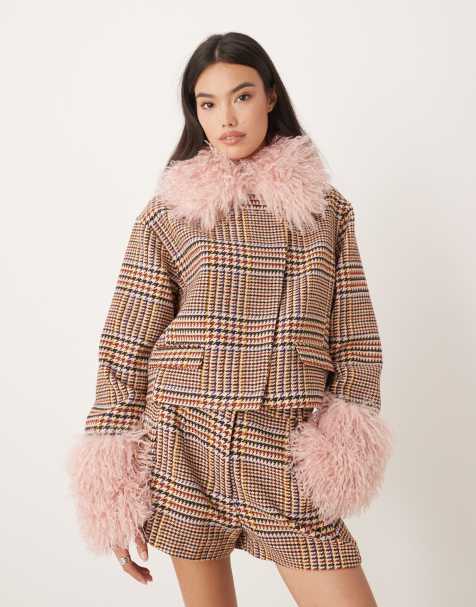 ASOS DESIGN - Skræddersyet blazer i tweed med tern og imiteret pelskrave - Del af sæt - view 1