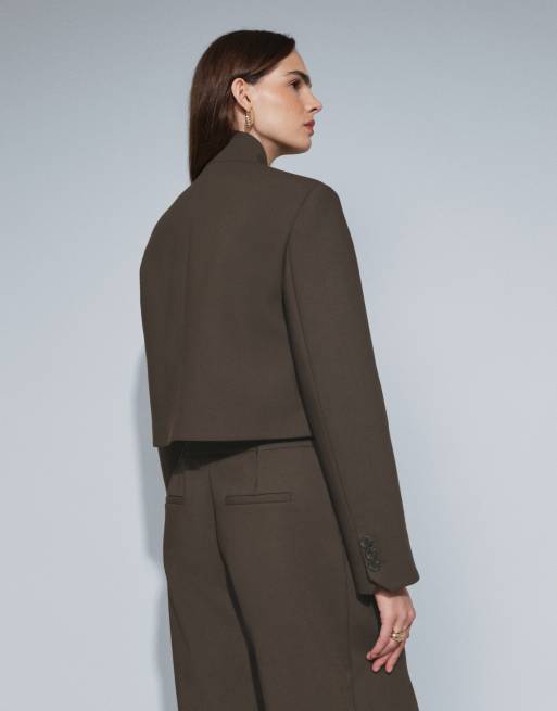 ASOS DESIGN skræddersyet blazer i uldlook, boxy, cropped og højhalset i khaki, 5 af 9