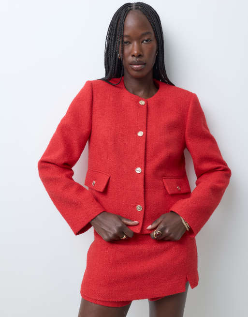 ASOS DESIGN skræddersyet blazer med høj hals og guldfarvede knapper i rød, 4 af 5