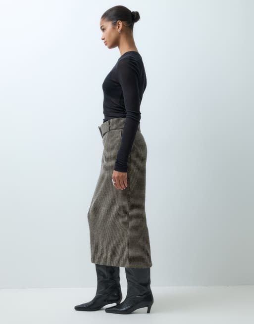 ASOS DESIGN skræddersyet pencil midi-nederdel med bælte i brunt uldternet, 2 af 5
