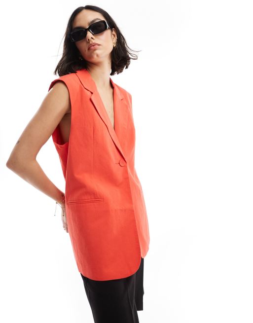 ASOS DESIGN - Skræddersyet rød blazer uden ærmer i hørblanding