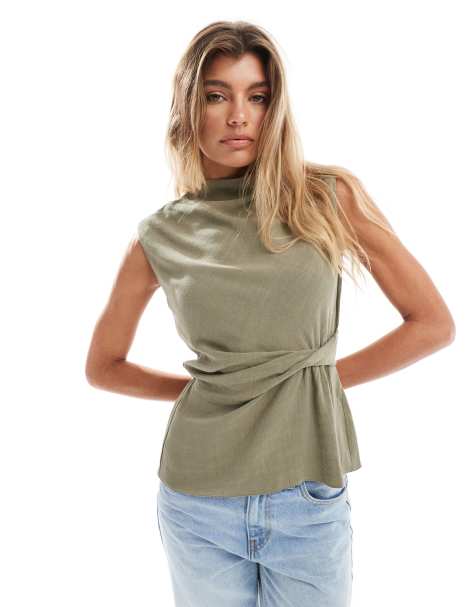 ASOS DESIGN cowl neck sleeveless top with twist waist detail in linen blend in khaki