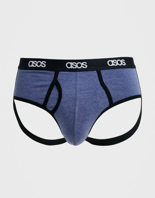 ASOS DESIGN- Skridtbeskytter i lys, blåmeleret bomuld med mærket taljebånd , 3 af 4