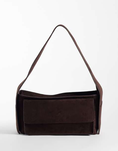 ASOS DESIGN skuldertaske i imiteret ruskind med lille lomme i chokolade - view 1