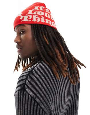 Asos Design Skull Beanie With Graphic In Red