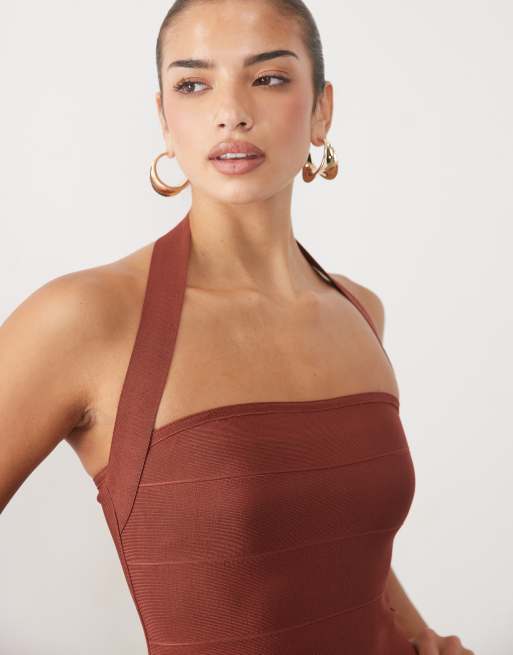 ASOS DESIGN skulpteret bandage-midikjole med gitterskørt i rost scuba-lignende stof, 3 af 4