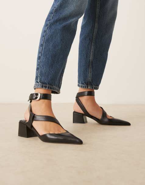 ASOS DESIGN Skye asymmetric strap detail mid block heel shoes in black - view 1