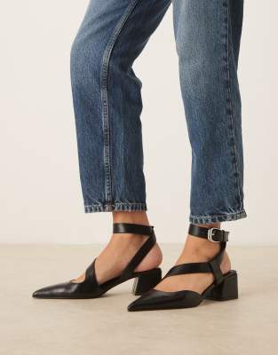 Asos Design Skye Asymmetric Strap Detail Mid Block Heel Shoes In Black