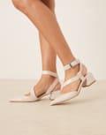 [ASOS DESIGN] ASOS DESIGN Skye asymmetric strap detail mid block heel shoes in white 35 Off white