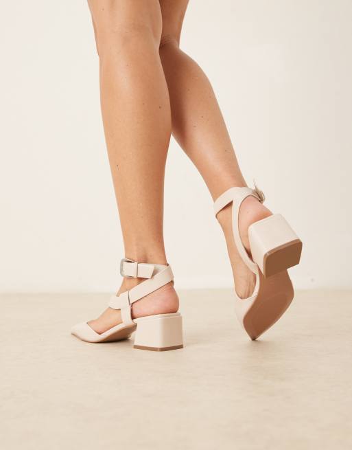 ASOS DESIGN Skye asymmetric strap detail mid block heel shoes in white